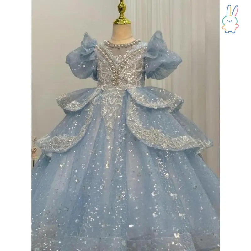 Girls' Heavy Embroidery Princess Gown - Luxury Elegant Blue Dress with Princess Aesthetic, Pageant Flower Girl Attire