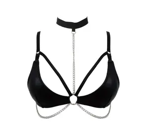 Free Tonight Women's Wet Look Chain Collar Triangle Bralette - Sleek Black Fabric with Adjustable Straps & Hook-and-Eye Back Closure for Nightlife Events