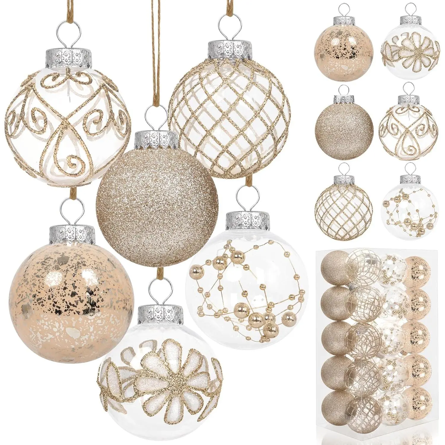 30 Pcs 60mm 2.36 Inch Large Shatterproof Clear Plastic Christmas Ornaments Farmhouse Rustic Champagne Tree Decorations Set 6 Styles Hanging Xmas Balls for Party Home Decor Gift