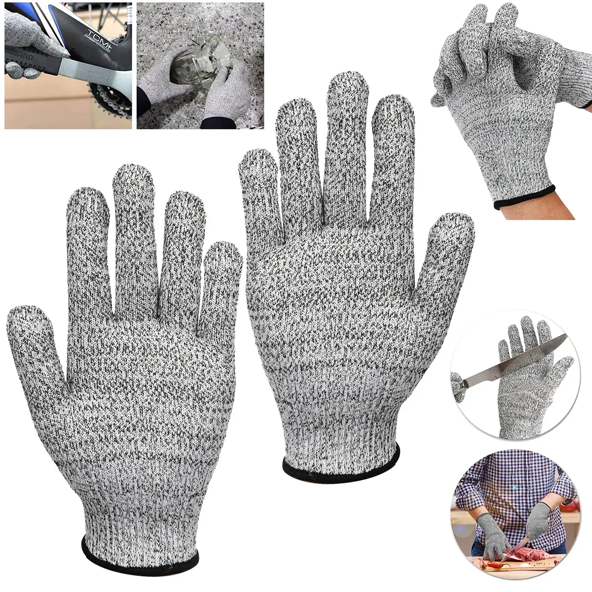 HPPE Fiber Food Grade Level 5 Cut-Resistant Knit Stretchy Gloves - Reusable Work Safety Equipment, Fitted Gear for Butchers, Cooking, Gardening, Pair Pack