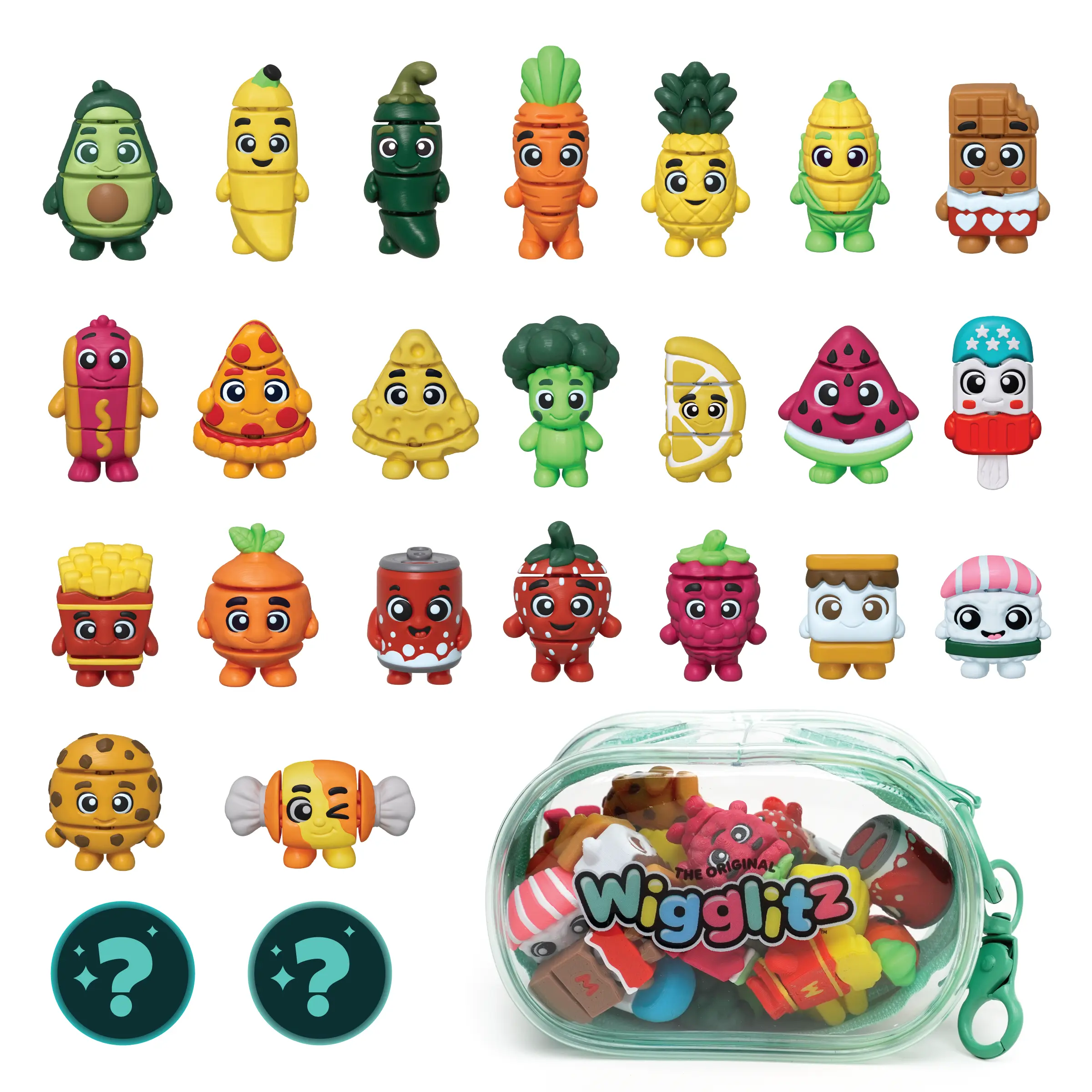 Wigglitz Foodz 25 Pack with Storage Pouch – 25 Collectible Wiggly Fidget Toys – Award-Winning, Plant-Based, Made in USA – Foodz Series Characters for Collecting, Trading, Creative Play & Endless Fun