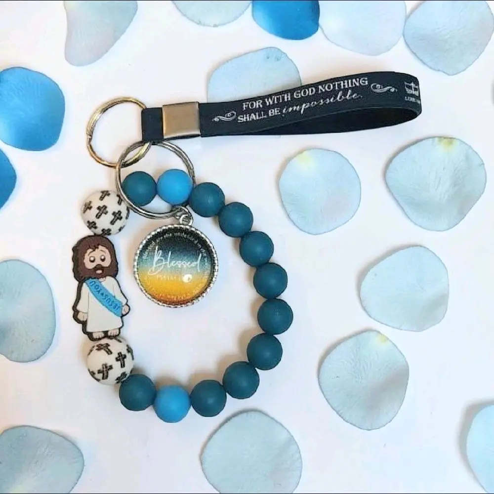Handmade Jesus Blessed Keychain, Compact Practical Stylish Keychain with Split Ring, Blue and Yellow Baraclete Fashion Accessory