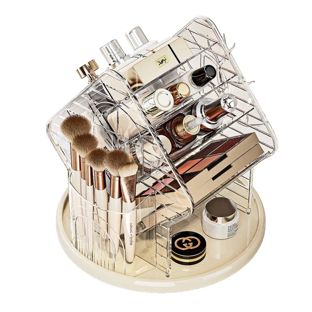 360° Rotating Multi-Level Makeup Organizer - Transparent Mini Cosmetic Organiser with Round Base, Countertop Vanity Storage for Brushes, Lipsticks, Skincare Bottles, Palettes, Jewelry (Dresser/Bathroom Vertical Space-Saver), Rotating Multi-Level Cosmetic