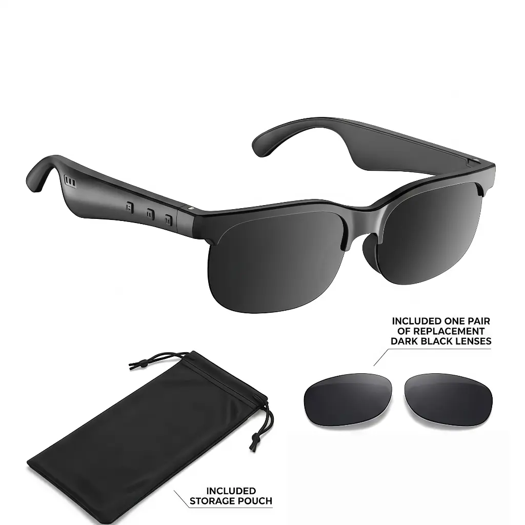Open Ear Audio Smart Sunglasses - Bluetooth Wearable with Hands-Free Calls, Interchangeable Polarized Sun Lenses, Music Playback, Voice Assistant Support, and Included Storage Pouch for Driving, Outdoor Use