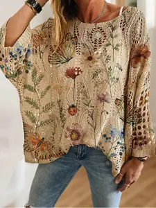 Women's Boho Floral Butterfly Print Long Sleeve Batwing Knit Hollow Out Top, Casual Elegant Vacation Style Sweater, Comfortable Breathable Loose Fit