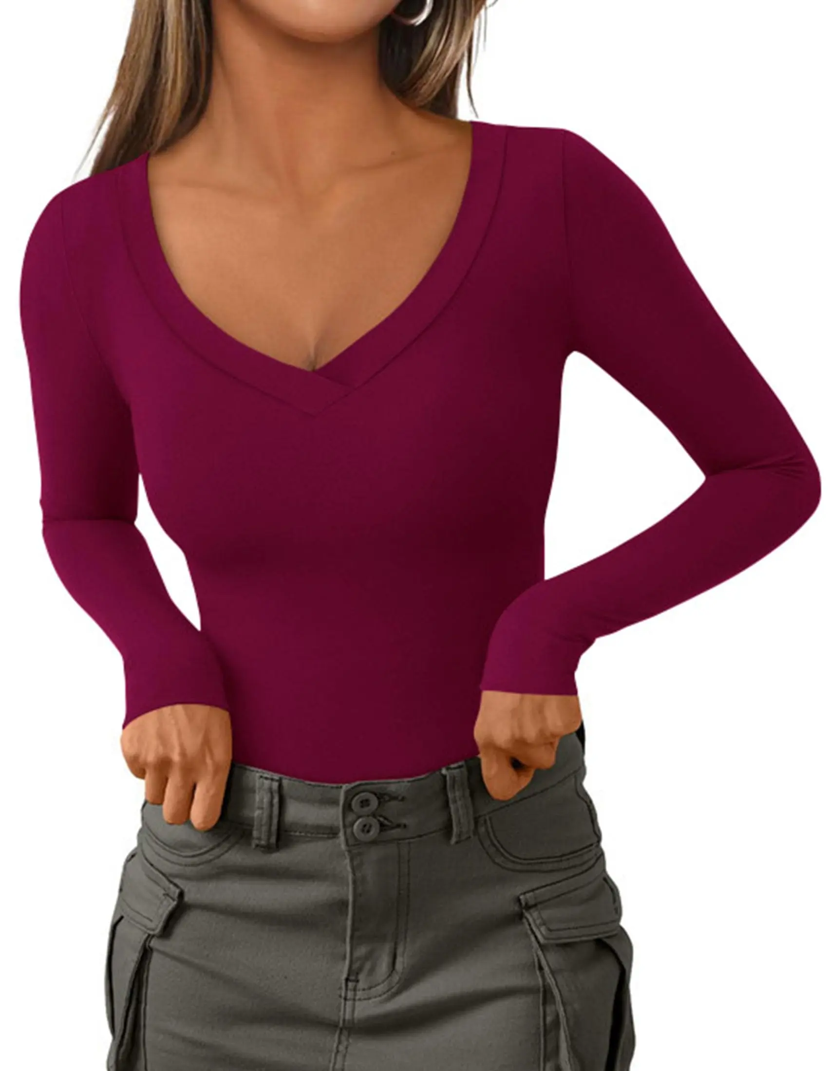 PRETTYGARDEN Women's Long Sleeve V Neck Tops 2026 Slim Fit Stretchy Casual Going Out Basic Shirts