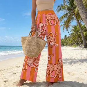 Vibrant Women's Leopard Print Stripe Palazzo Pants Elastic Waist Wide-Leg Bold Holiday Style