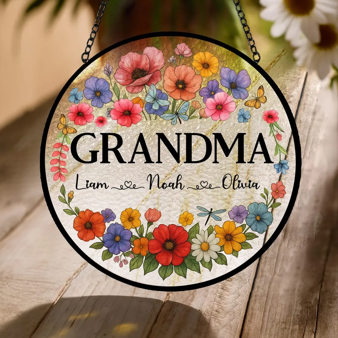 Personalized Floral Wreath Suncatcher | Custom Flower Glass Gift | Mom Grandma Gift | Colorful Window Decor | Mother's Day Sun Catcher