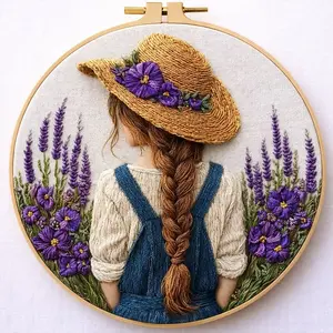 Lavender Girl Embroidery Kit for Beginners, Full DIY Embroidery Starter Set, Includes Hoop, Threads, and Tools, Perfect for Craft Enthusiasts