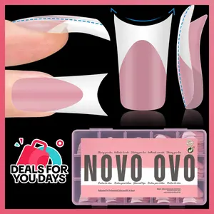 NOVO OVO White French Tip Duck Feet Nail Tips Full Cover for Press on Acrylic with Moon Curve, Thick Medim Long Pre-Etched Matter Flare Wide Soft Gel Fake False Nail Extension x 15 Sizes 150 pcs【DOES NOT INCLUDE: LIGHT, GLUE, BUILDER GEL】