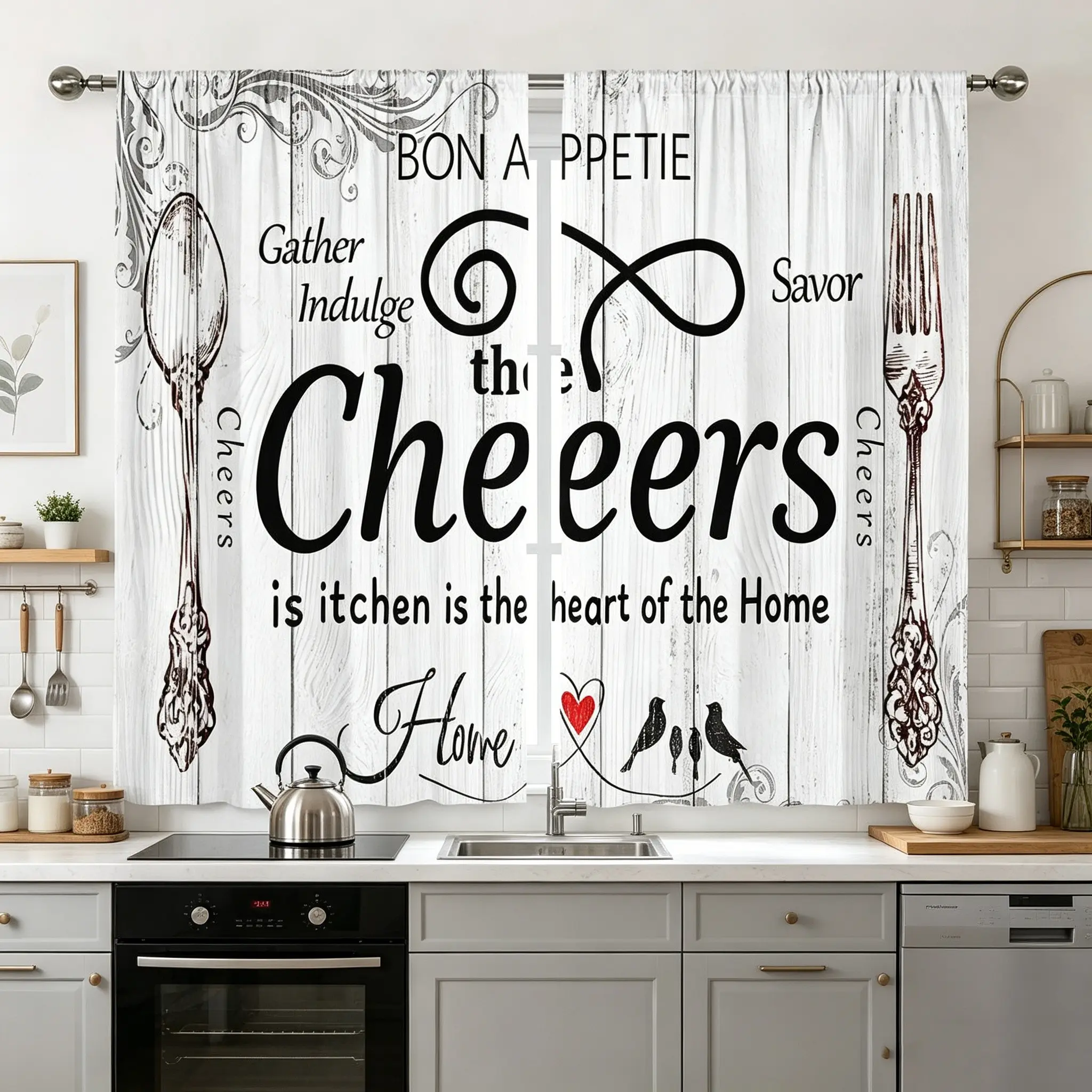 2 pieces, Home decorative Window Curtains, farmhouse printed curtains with cutlery heart-shaped patterns for easy hanging, semi transparent privacy curtains, polyester fiber, suitable for bedroom, living room, kitchen, home decoration