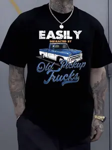 Vintage Pickup Truck Print Short Sleeve T-Shirt, American Motorcycle Style, Loose Fit, Unisex, Casual Long T-Shirt for Men and Women