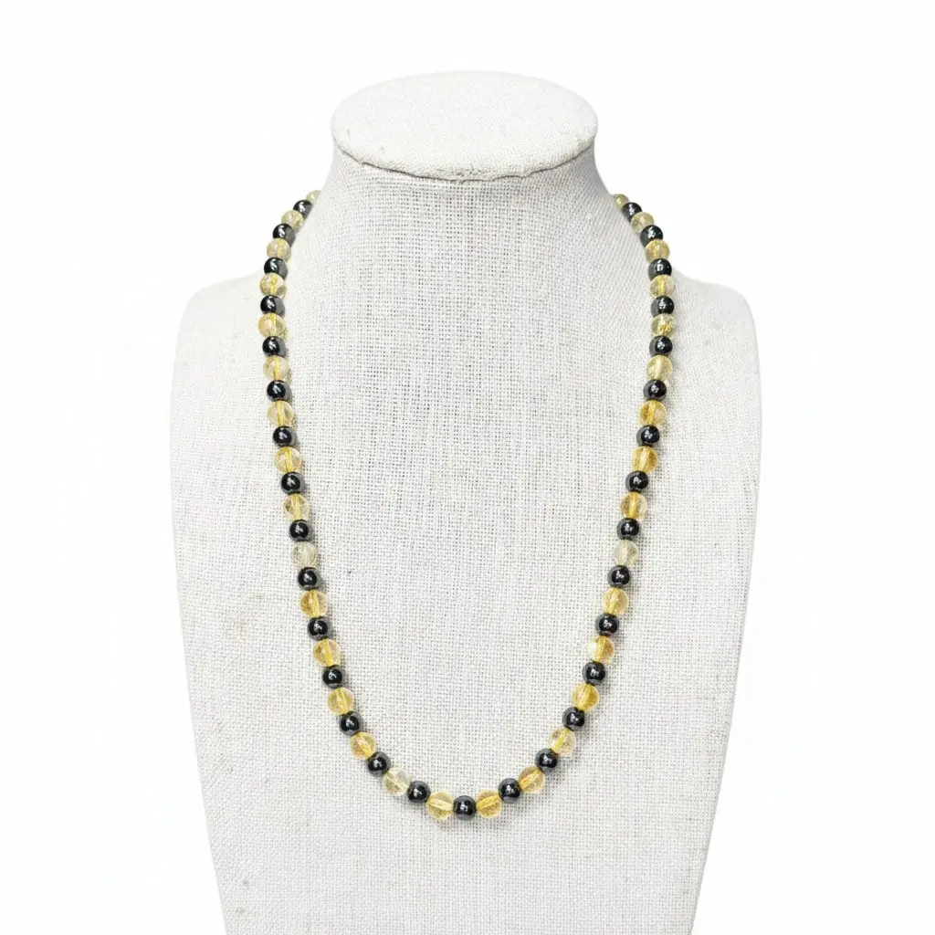 Citrine, Hematite Beaded Stretch Necklace 6mm - Abundance, Confidence, Grounding