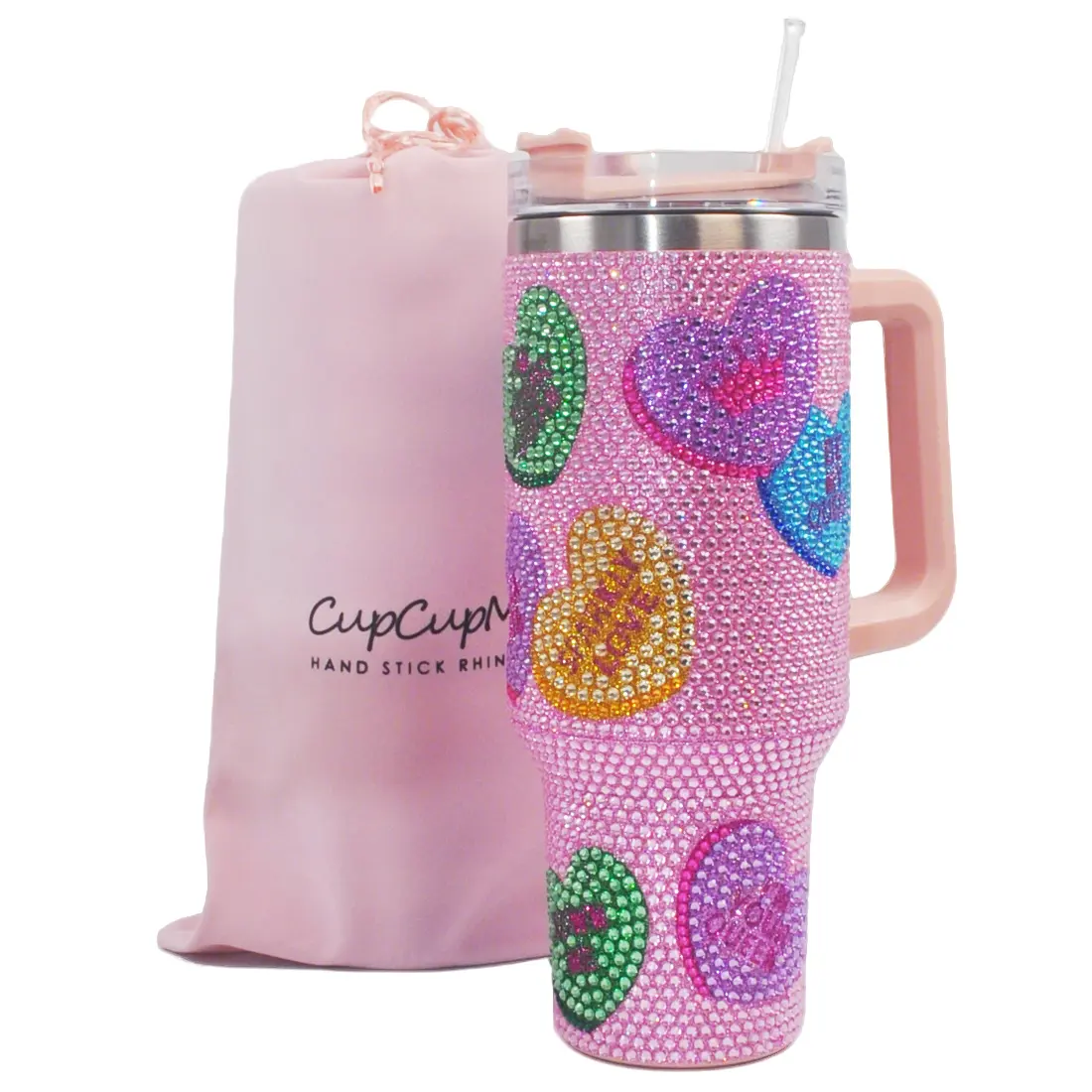 Cupcupmore 40 oz Candy Heart Bling Rhinestone Stainless Steel Sippy Tumbler - Glitter Vacuum Insulated Thermal Water Bottle with Straw, Lid, Handle, Sparkle Car Cup Holder, 12-Hour Cold Keep, for Drinks, Coffee, On-the-Go Insulation