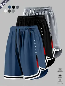 Men's Summer 3-Pack Gym Shorts, Athletic Wear Shorts, Adjustable Waist Drawstring, Side Stripes, Loose Fit, Casual Street Style, Ideal for Basketball