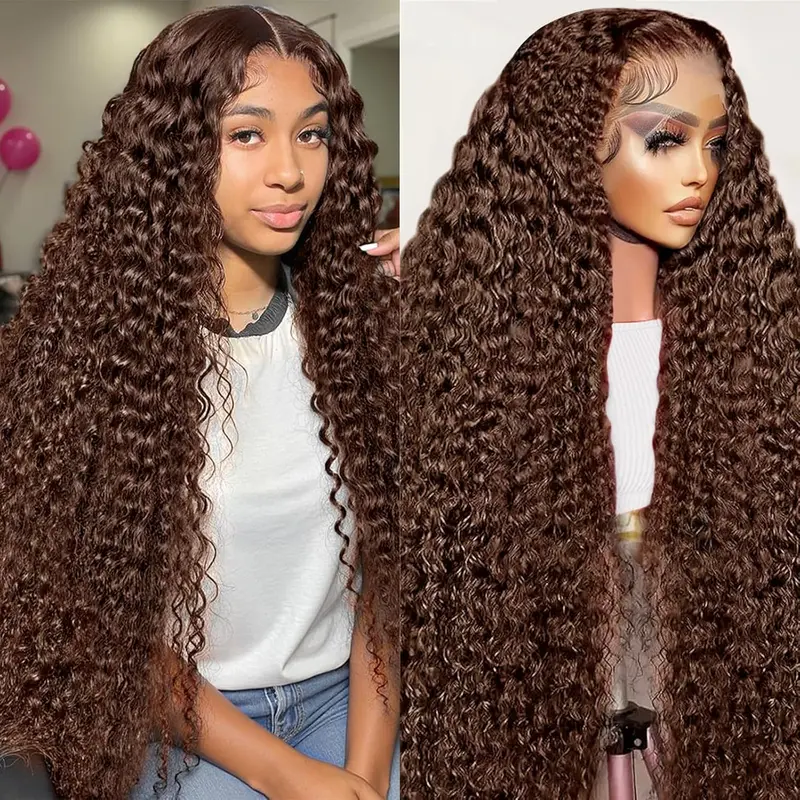 Bling Hair Chocolate Brown Deep Wave Frontal Wigs 13X6 13x4 HD Human Hair Lace Frontal Wig 30 32 Inch Deep Wave #4 #33 Colored Wig Remy 180 Density For Women