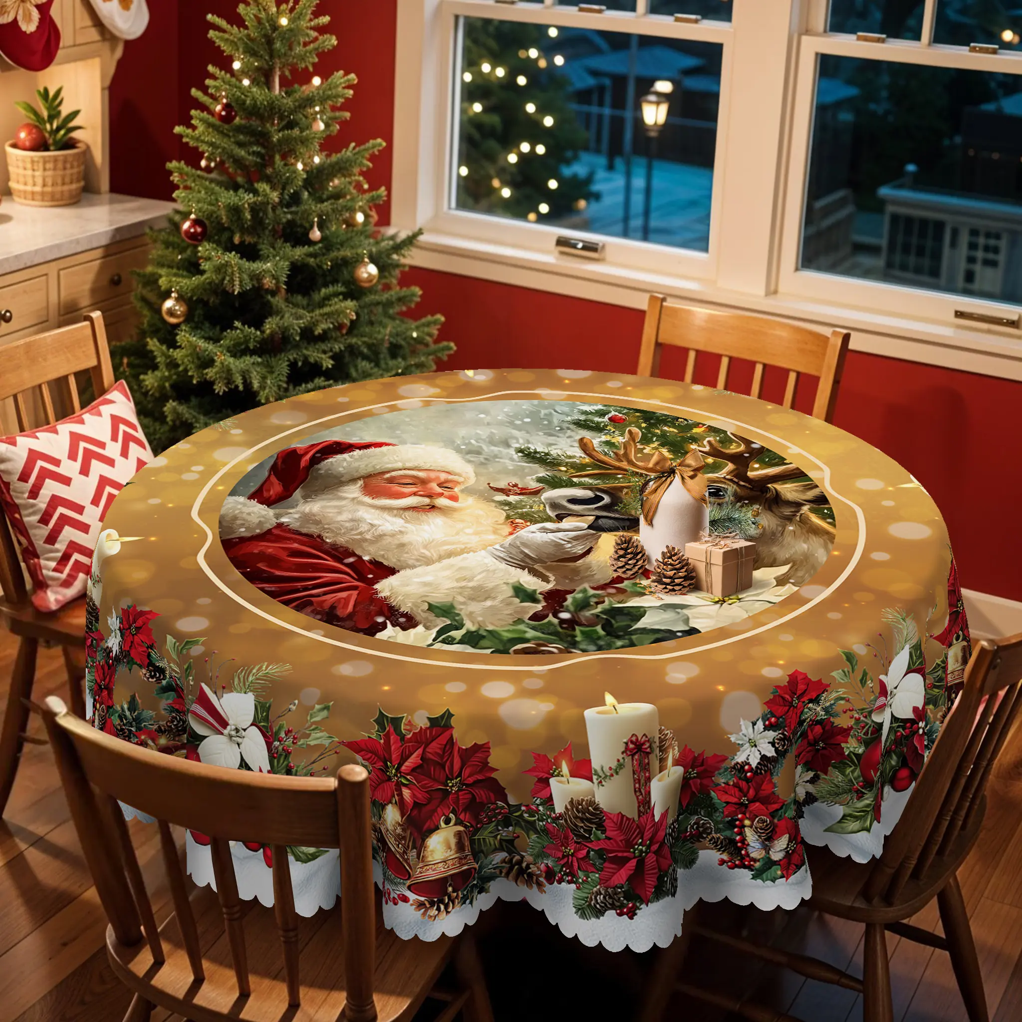 1pc Christmas Pattern Printed Tablecloth, Vintage Christmas Tablecloth, Santa and Reindeer Design, Rectangular and Round Table Cloth, mantel para mesa de comedor, Holiday Party Decor, Kitchen Accessories, Suitable for Indoor and Outdoor Use, Gifts