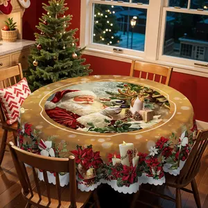 1pc Christmas Pattern Printed Tablecloth, Vintage Christmas Tablecloth, Santa and Reindeer Design, Rectangular and Round Table Cloth, mantel para mesa de comedor, Holiday Party Decor, Kitchen Accessories, Suitable for Indoor and Outdoor Use, Gifts