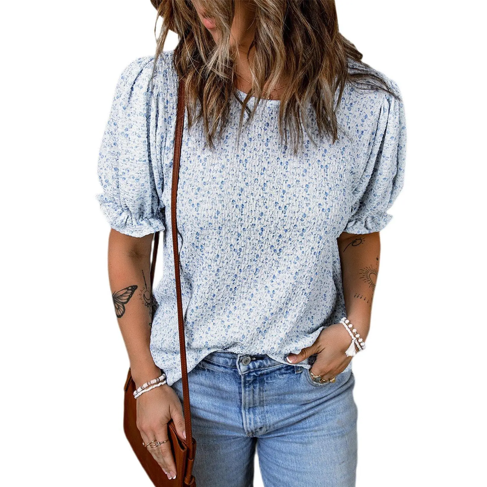 Dokotoo Floral Print Blouses for Women Crewneck Smocked Puff Sleeve Shirts Casual Babydoll Tops