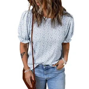 Dokotoo Floral Print Blouses for Women Crewneck Smocked Puff Sleeve Shirts Casual Babydoll Tops