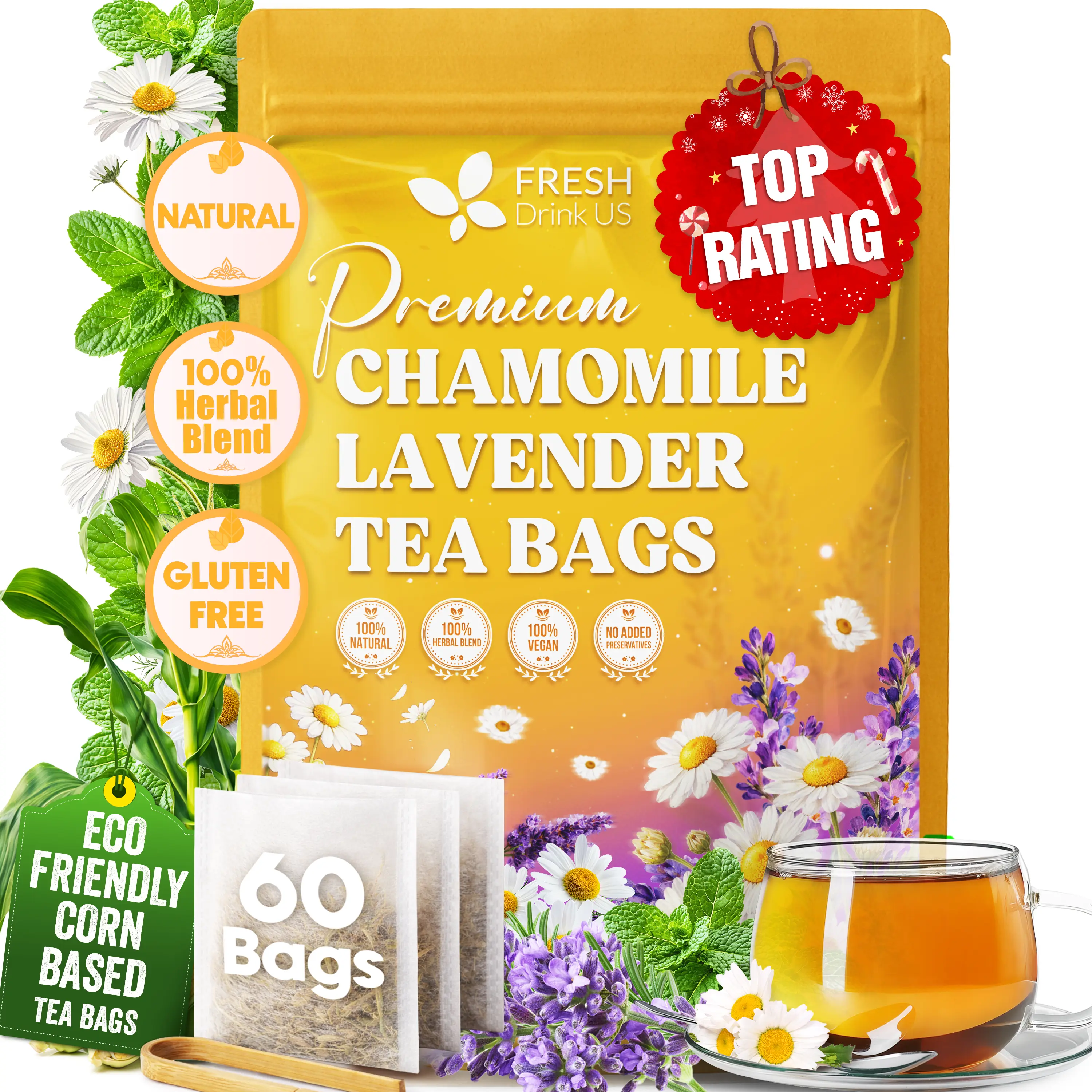 【FreshDrinkUS】 60 Chamomile Lavender Tea Bags, 100% Natural Ingredients, Hand-made Blend of Chamomile and Lavender Flowers, Eco-conscious Tea Bags. Chamomile Lavender Herbal Tea. No Sugar, No Caffeine, No Gluten, Vegan. Beverage