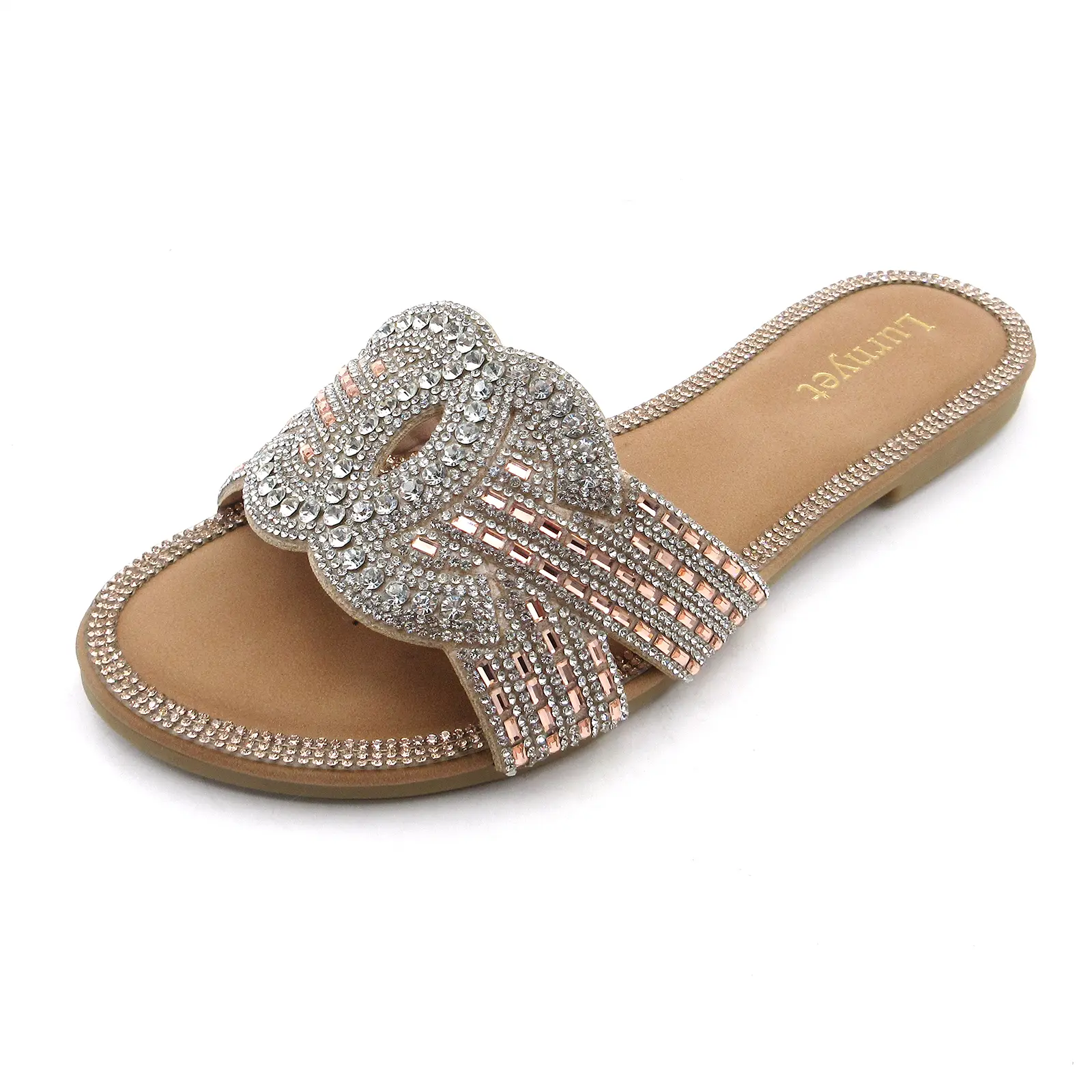 Slide Sandals for Women with Rhinestone Platform, Comfortable Square Toe Summer Footwear with Padded Insole, Shoe