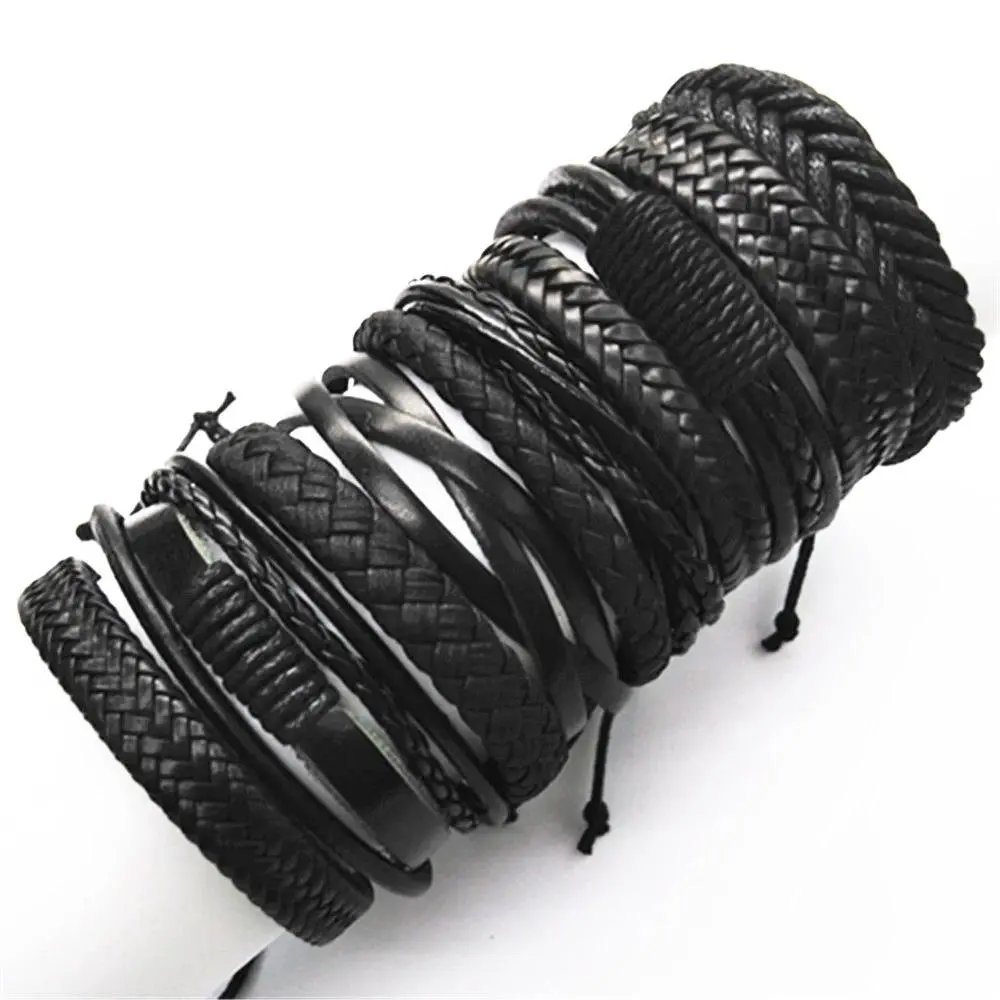 FASHION4U - 10 Pcs/set Black Wrap Woven New Fashion Handmade Men Bracelets Male Women Leather Bracelets Men Bangle  Jewelry Gift