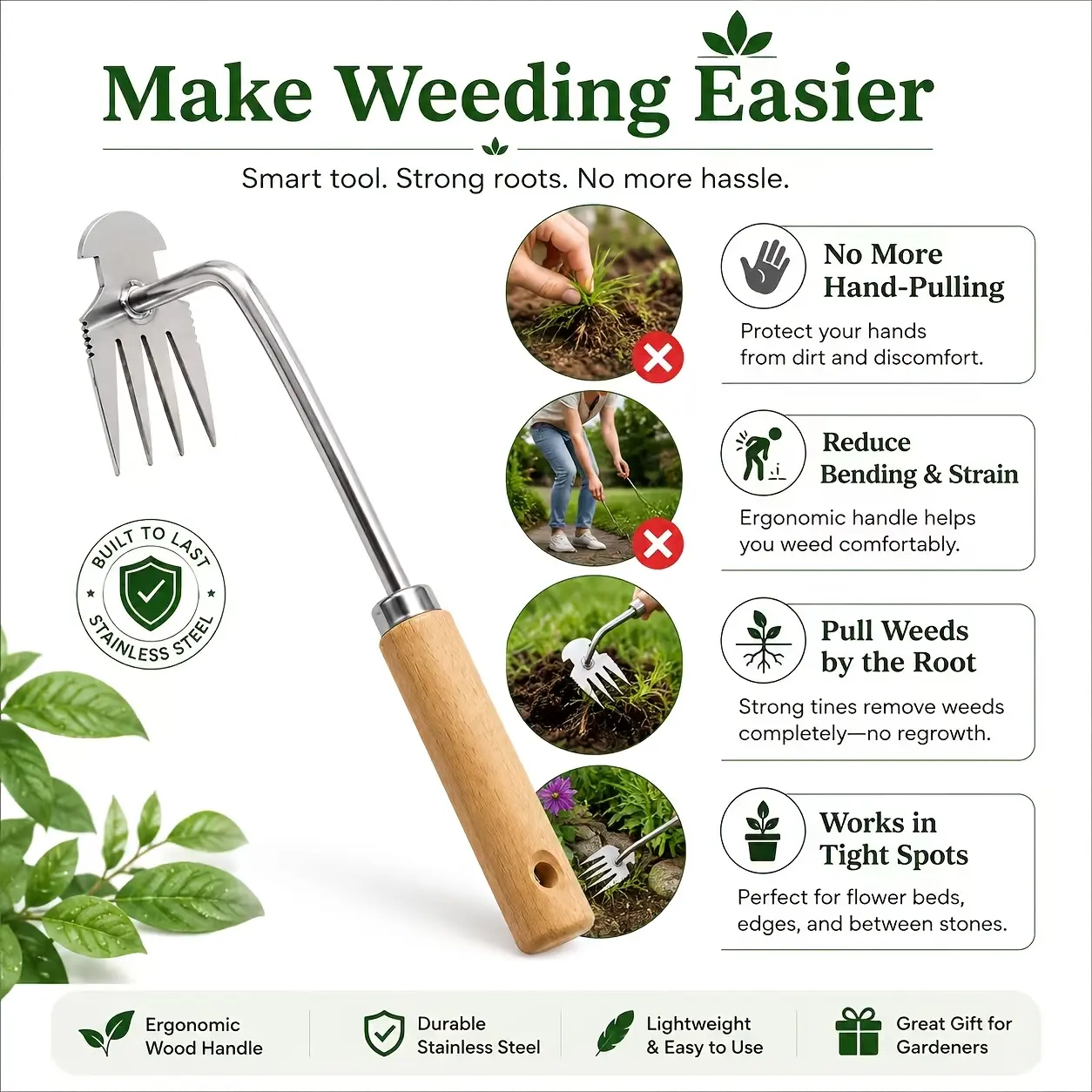 15-Inch Manual Garden Weeder, Stainless Steel Rake with Ergonomic Long Handle & Hook Tines, for Weeding, Soil Loosening, Lawns & Yds, Ideal Gardener Gift for Farms & Greenhouses (1PC)
