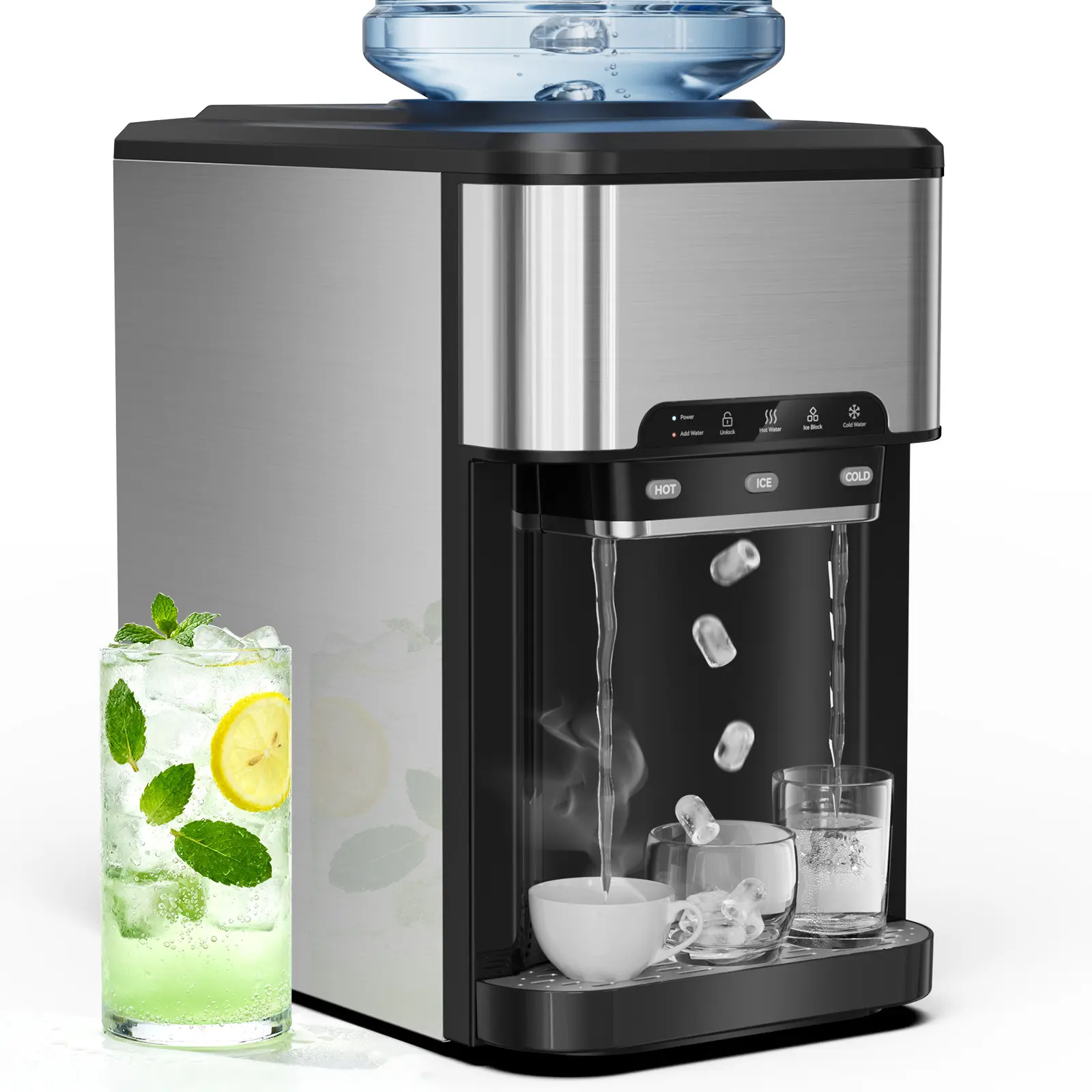 Mojgar 3-in-1 Hot, Cold & Ice Countertop Water Cooler Dispenser with Stainless Steel Maker, 44 lbs/day Bullet Shapes, Top-Loading 3-5 Gal Bottle Support, Child Lock for Home, Dorms