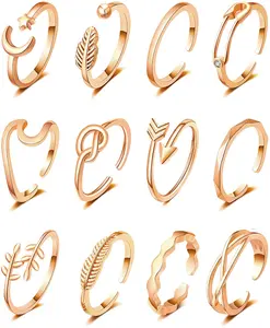 12 PCS Adjustable Toe Rings for Women Star Moon Arrow Band Hallow Pinky Tail Ring Open Toe Ring Set Summer Beach Foot Jewelry
