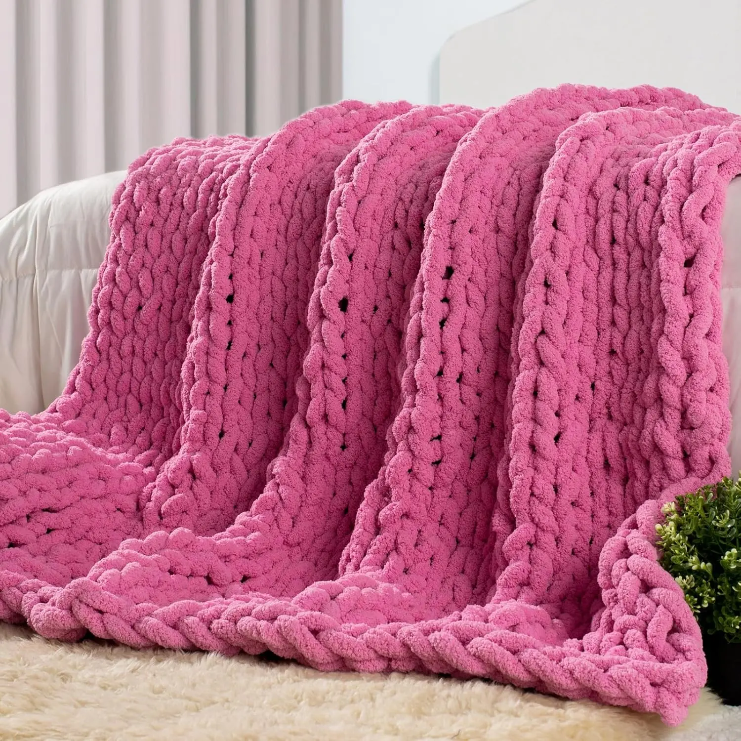 Hot Pink Solid Breathable Rustic Oversized Hand-Made Chunky Knit Throw Blanket - 50"x60" Modern Farmhouse Chenille Yarn Reversible Braided Sweater Weave Fluffy Thick Blanket, Machine Washable for Couch