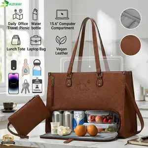 2026 New Lunch Tote Bag with Insulated Compartment for Women Work, Vegan Leather Laptop Bag with 15.6" Computer Compartment Small Purse for Daily Office Travel Picnic zipper