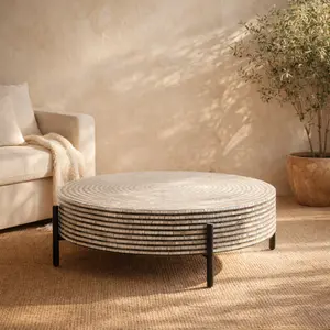 Geometric Mother of Pearl Shell Handmade Mosaic Inlay Living Room Coffee Table with Black Metal Legs 38" x 38" x 12"