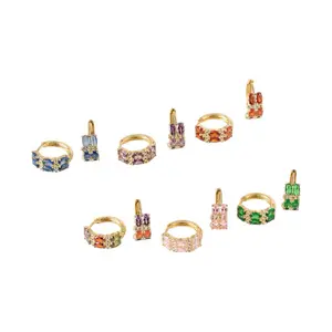 14K Gold Plated Multi Color Stone Hoop Earrings Luxury Design with Vibrant Rectangular Stones in Blue Purple Orange Pink Green Multicolor Secure Snap Closure Elegant Lightweight Comfortable Statement Jewelry