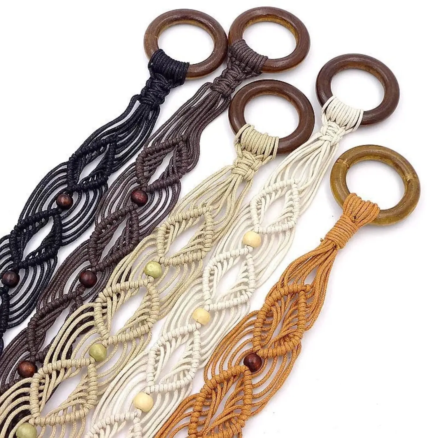 Bohemian belt woven belt retro ethnic style woven belt coffee wood beads wax rope knotted belt men and women