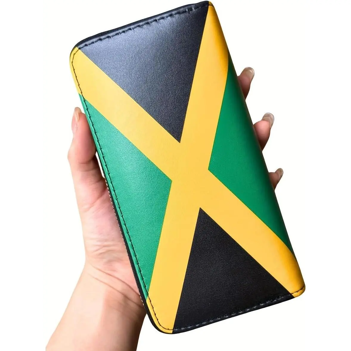 Jamaica Flag Long Wallet, Double Zipper Wallet with Black Green and Gold Color Design, Large Capacity Unisex Wallet for Daily Use, Travel and Gift Giving