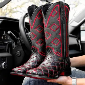 Men’s Black Cherry Pirarucu print Leather Boots - Square Toe