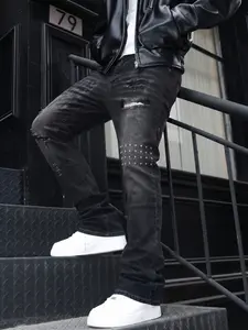 Men's Cross Rivet Ripped Jeans, Elastic Washed High Street Dark Style, Letter Print Micro Flare Pants, Slim Fit Mid Waist