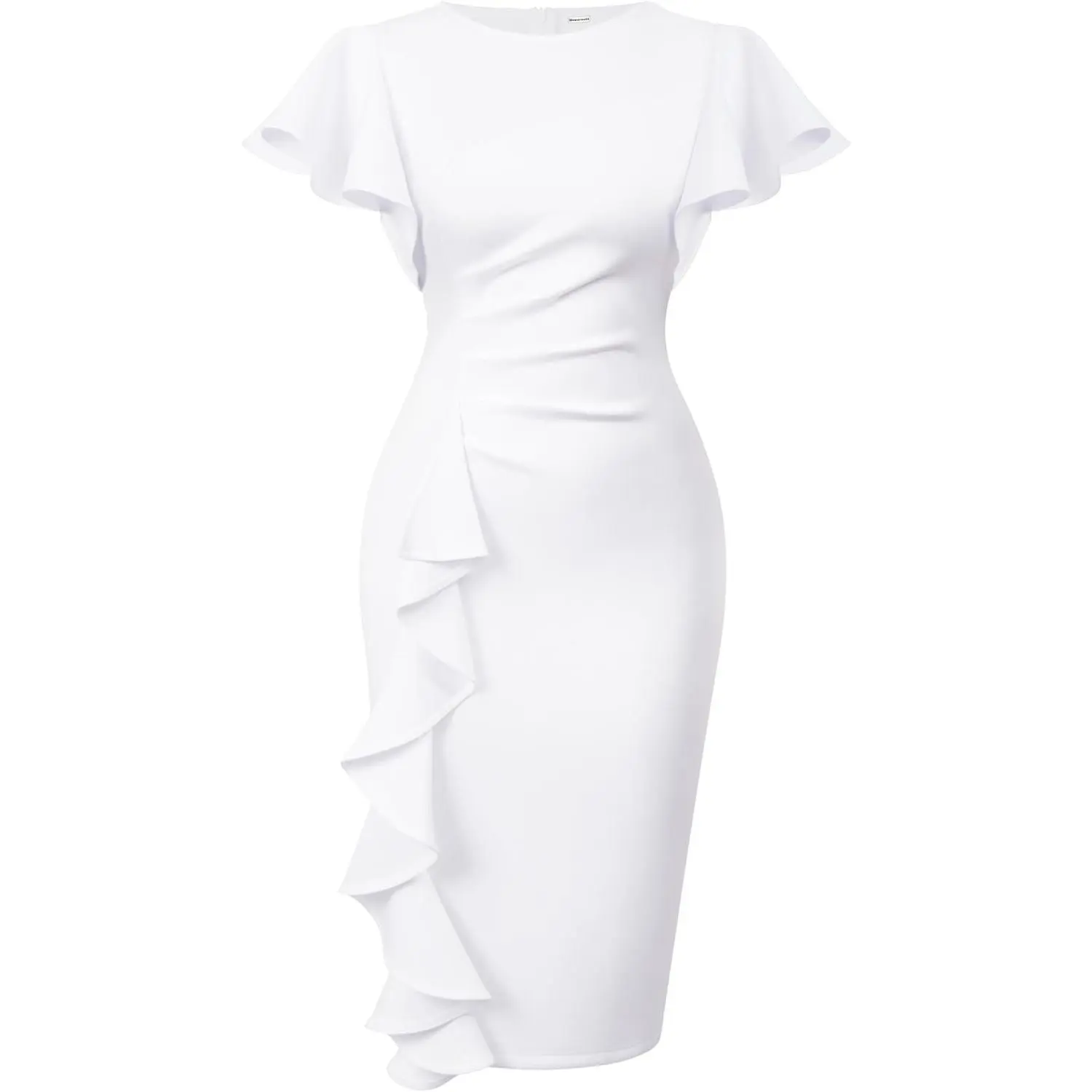 Women's Vintage Church Ruffle Sleeve Ruched Bodycon Work Midi Pencil Dress