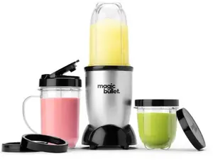 Magic Bullet Blender Small Silver 11 Piece Set 250W Motor Base Cross Blade Cups Party Mug Lip Rings Stay Fresh Lids To Go Lid Recipe Guide