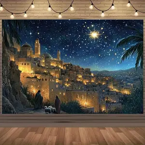 2D Christmas Night Sky & Bethlehem Silhouette Polyester Backdrop, Cozy Magical Holy Theme Cloth for Party Banners, Festive Illuminating Home Decor