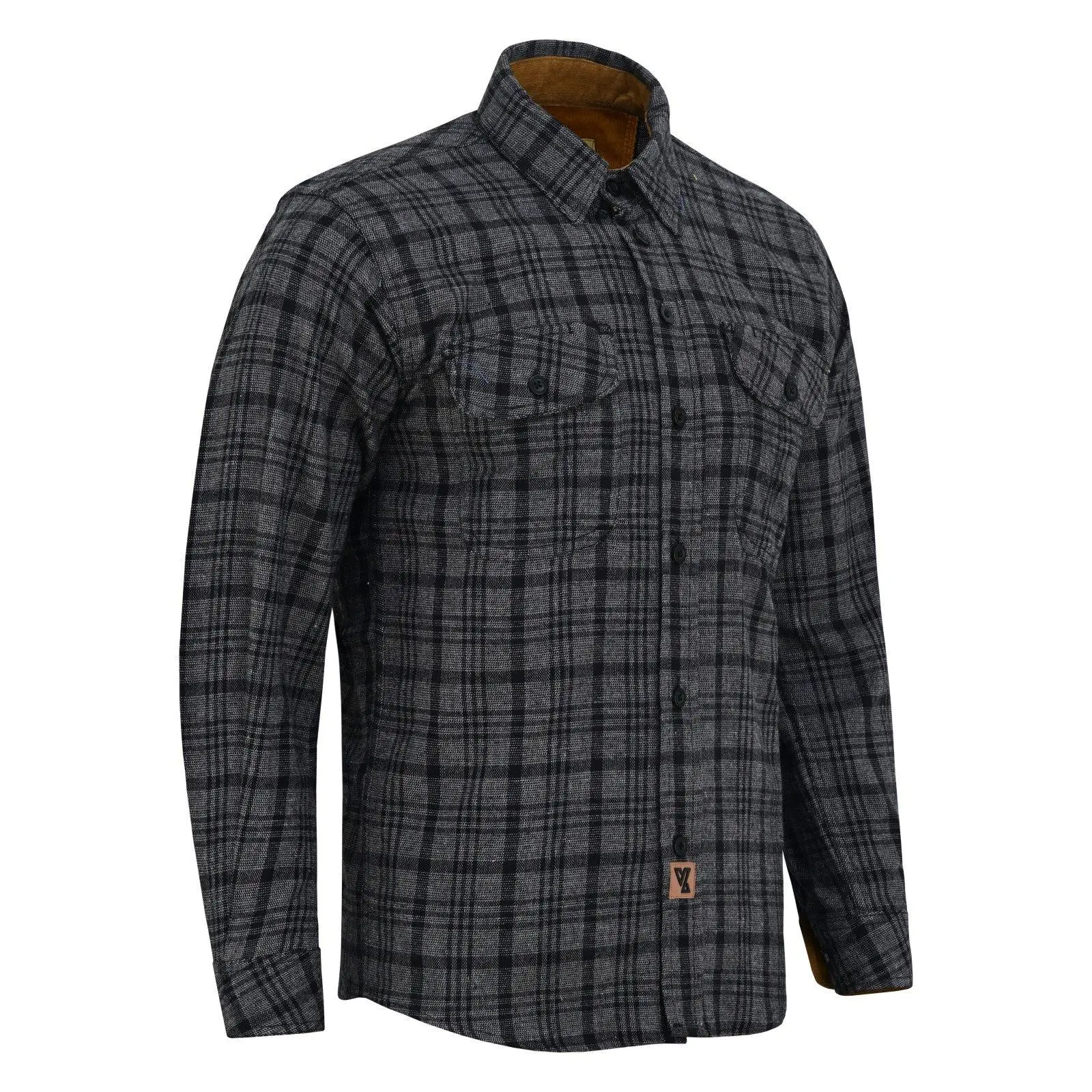 Men's Dark Truffle Long Sleeve Plaid Button Down Casual Flannel Shirt, Corduroy Collar & Cuffs