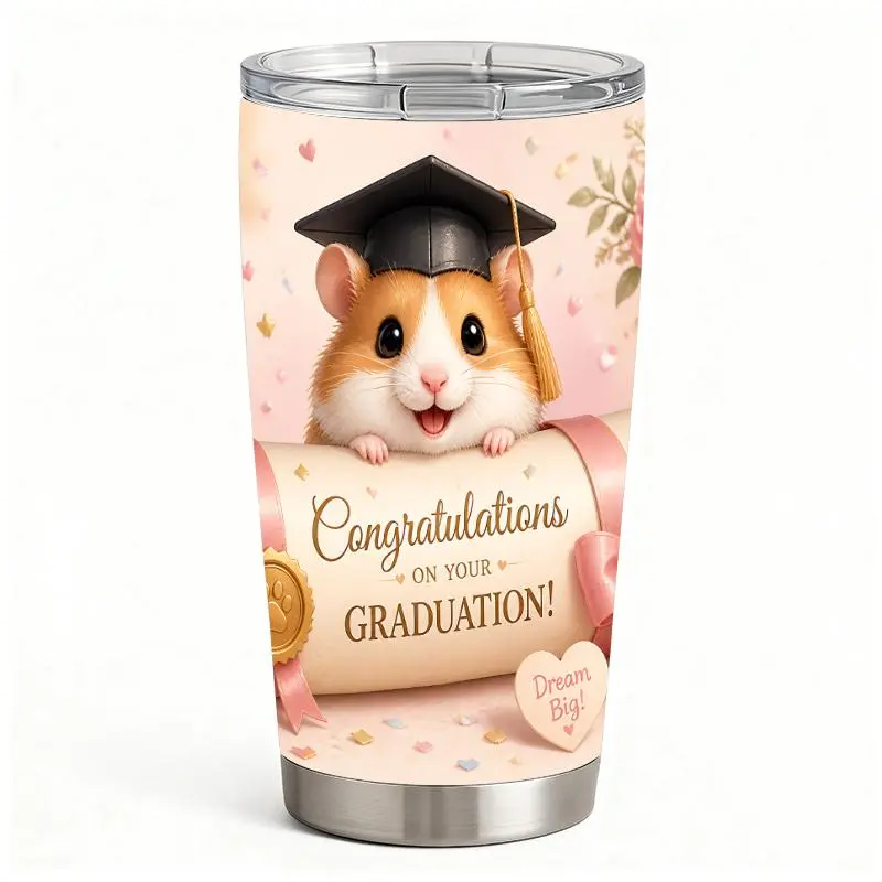 20oz Stainless Steel Graduation Hamster Scroll & Flowers Tumbler-Mug, Portable Vacuum Insulated Water Bottle with Lid, Double-Wall Coffee Drinkware for Iced Tea, Ideal Birthday Gift