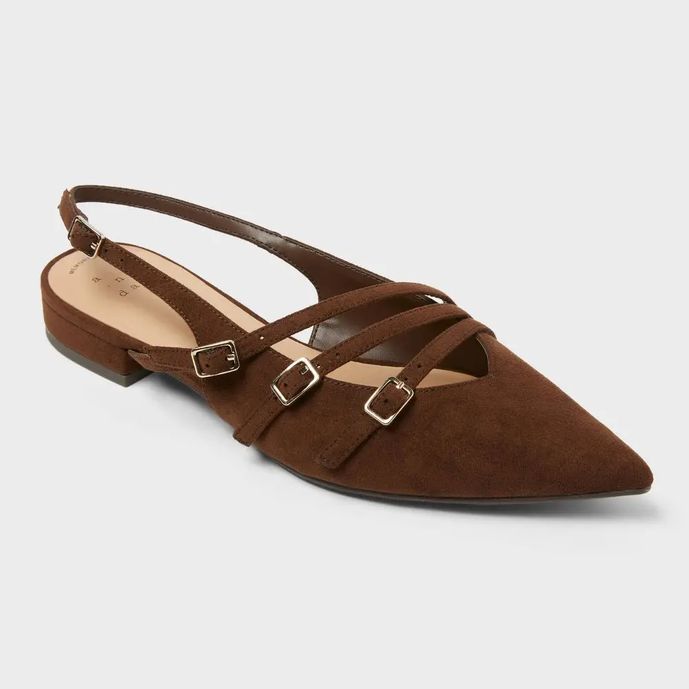 A New Day Women's Twiggy Multi-Buckle Pointed Toe Mini Heel Flats - Brown