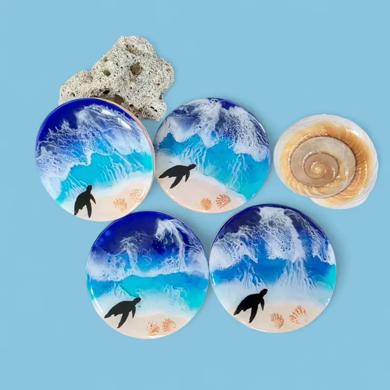 Beach Coaster 4ct - Coastal Design with Turtle and Shell Accents for Tabletop Protection 4inX0.35in