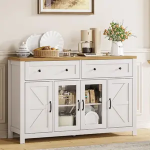 Sideboard Buffet Cabinet Farmhouse Style, 55" Storage Cabinet with 2 Drawers 4 Doors, Adjustable Shelves for Kitchen Office Bedroom Hallway Entryway, Oak & White