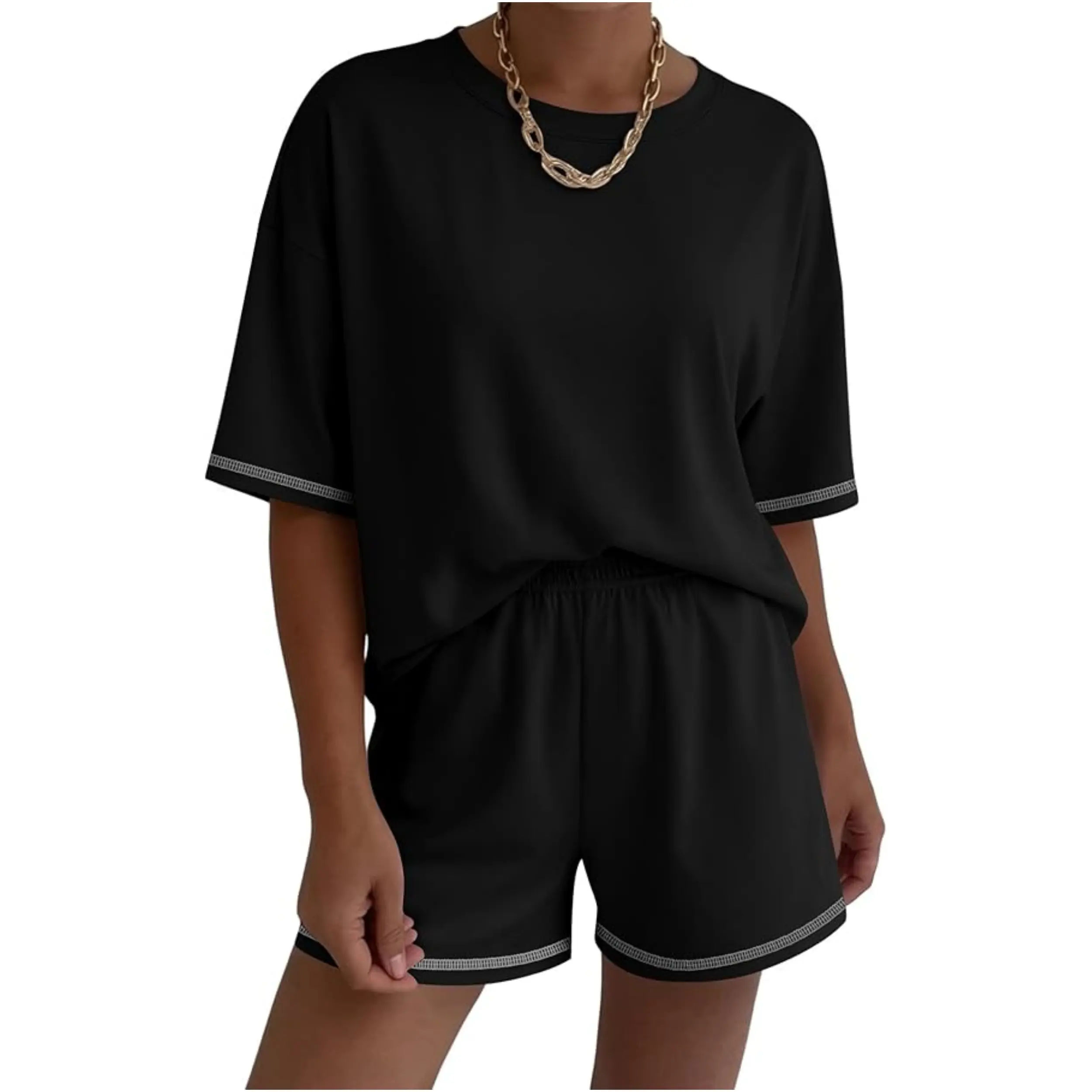Ekouaer Women's 2-Piece Light Stripe Pajama Set - Casual Oversized Loungewear with Short Sleeve Top (Built-In Bra) & Moisture-Wicking Shorts (With Pockets), Shirt, Plus Size, Half Sleeve, Built-In Bra Pajamas Sets, Loose-Fitting, Line Dry, Occasion, Polye