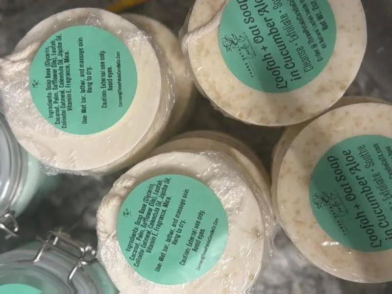 Three Petals Candle Co. Loofah + Oat Soap on a Rope in Cucumber Aloe - Handcrafted with Natural Loofah Core & Oatmeal for Gentle Exfoliation & Soothing Skin Care