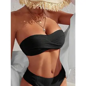 2026 New Women's Ruched Twist Front Bandeau Bikini Top Strapless Padded Push-Up Trendy Summer Beachwear for Vacation Pool Party TikTokShop