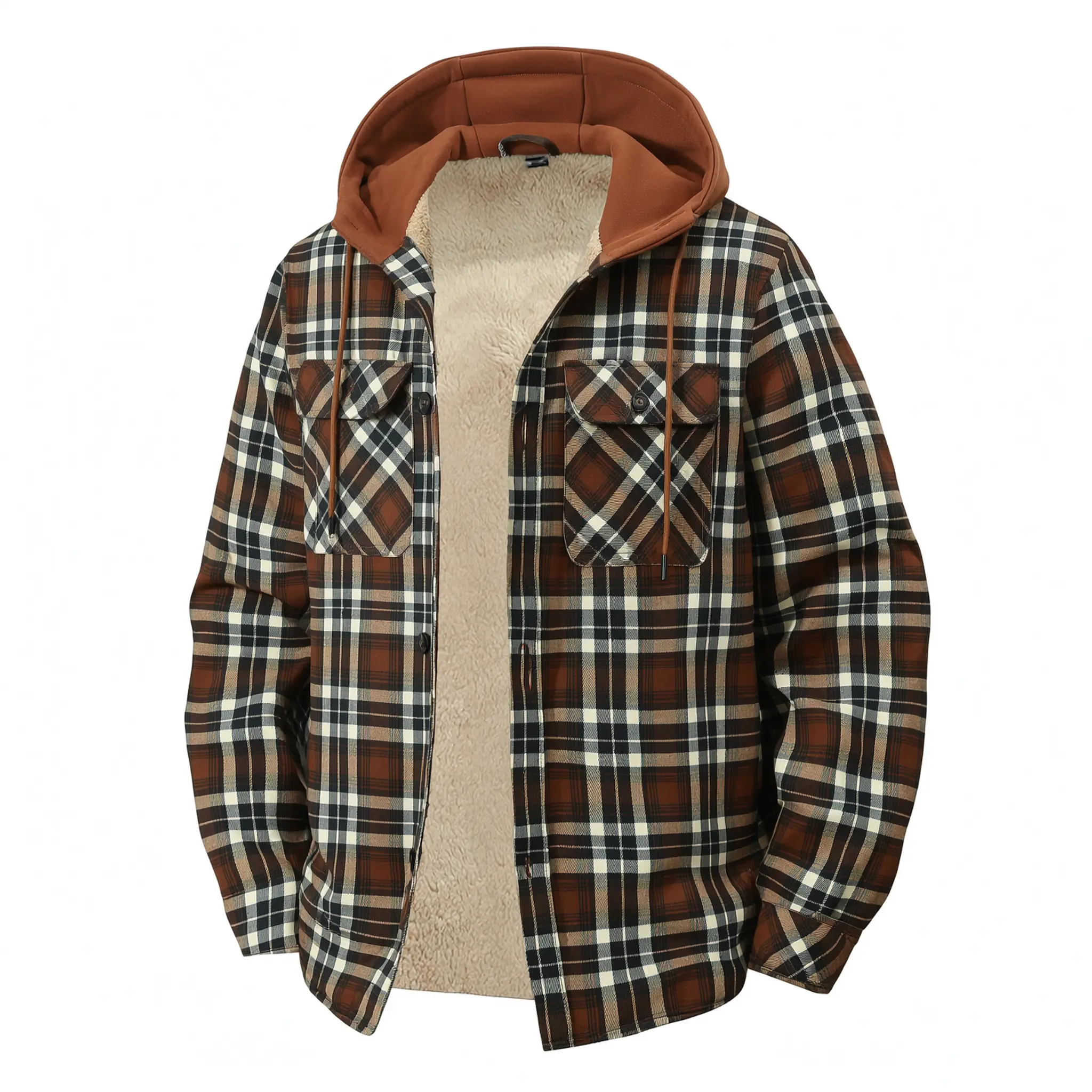 Men's Plaid Checkered Sherpa-Lined Hooded Flannel Shacket - Menswear Long-Sleeve Button-Up Top with Pockets, Drawstring, Soft Relaxed Fit for Casual Outdoor Wear